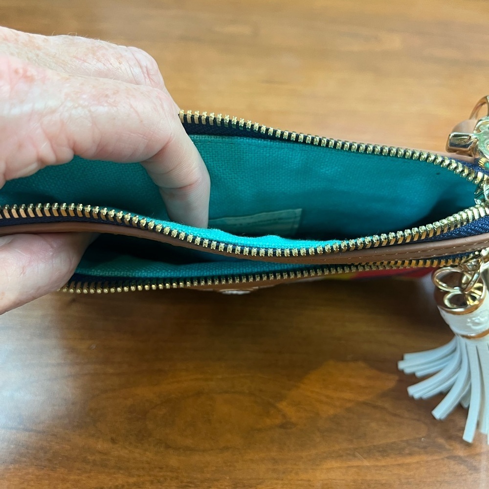 NWT Spartina Floral Natural Linen Genuine Leather Clutch Detachable Strap Tassel - Picture 6 of 13